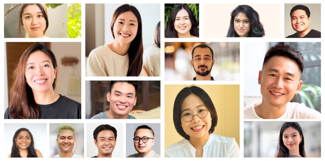 A collage of different smiling faces of members of the team HeyJuni. 